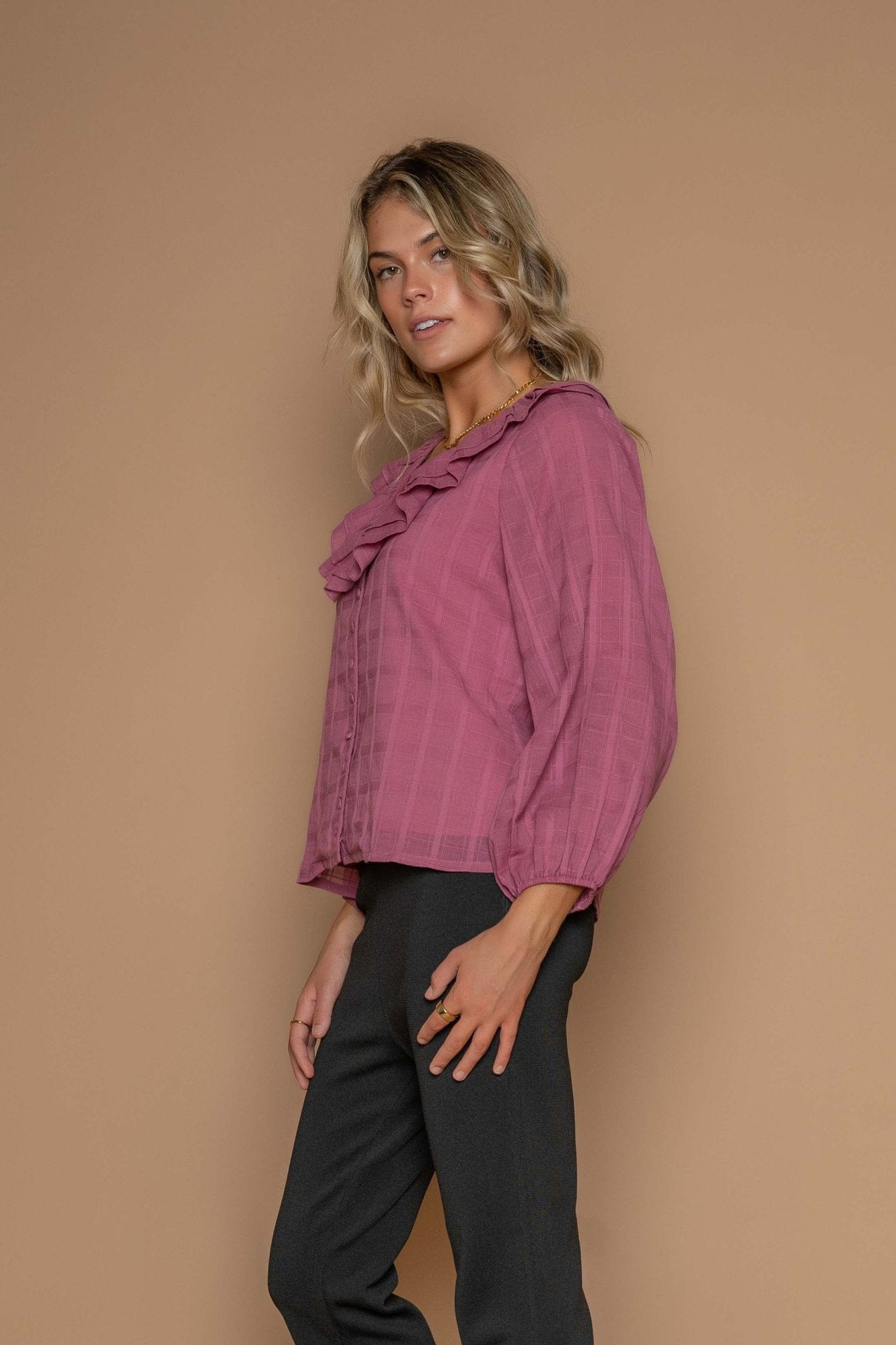 Silent Echo Avery Frill Neck Blouse in Rosewood - Hey Sara