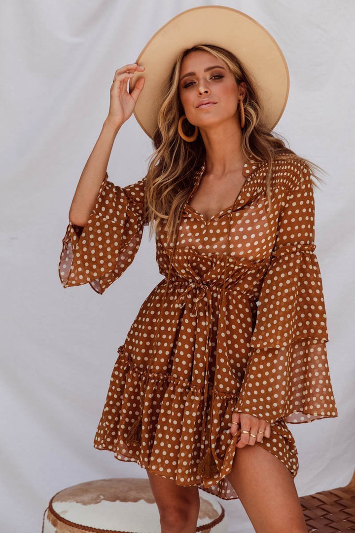 Connie Polka Dot Mini Dress in Caramel Latte | SNDYS